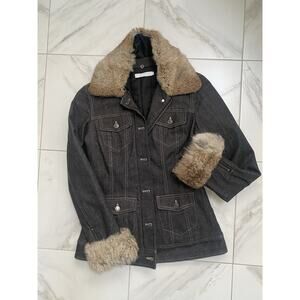 Anne Fontaine Blk Denim Jacket w/removable fur collar vintage